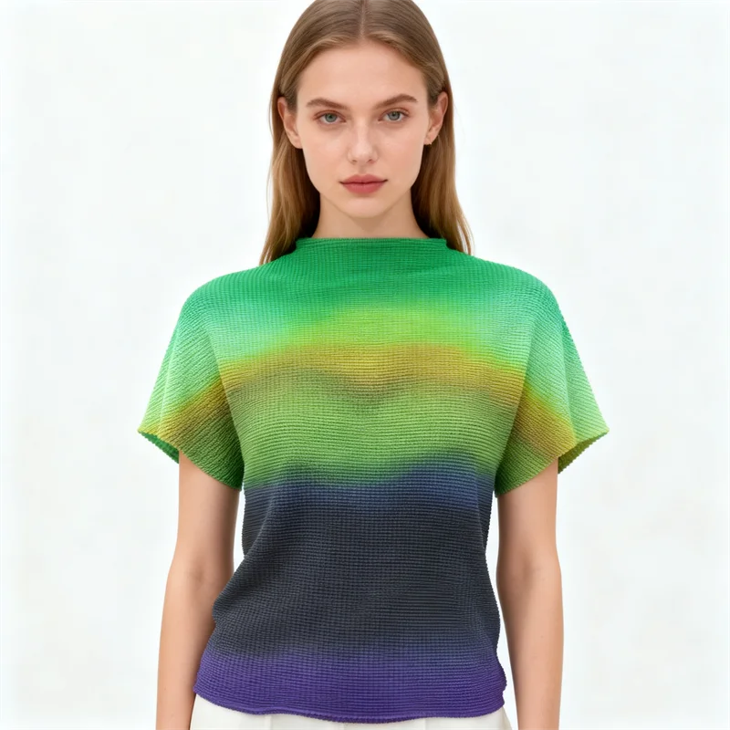 Miyake Pleated Women's Casual Tops 2026 Summer New Gradient Color Thin Stretch Half Turtleneck Short-sleeved T-shirt for Women