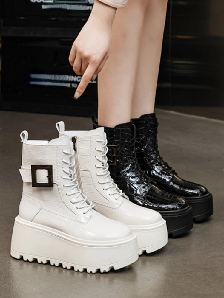 Fujin 8cm New Women Combat Boots Ankle Booties Platform Sneakers Spring Autumn Warm Fur Winter Genuine Leather Women Shoes Boot