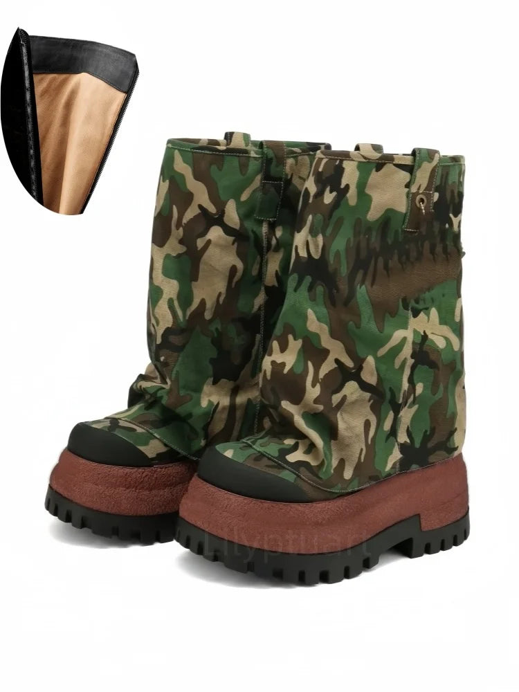 Women's Chunky Leather Flats & Knee Boots - Square Toe Loose Fit Spring-Autumn Casual Shoes with Pleated Pants