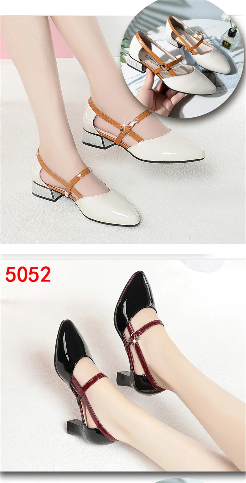 2024 Soft Leather Sandals Women Spring Summer Fashion Pointed Tip Single Shoes Low-Heel Hollow Buckle Ventilate Office Gentle