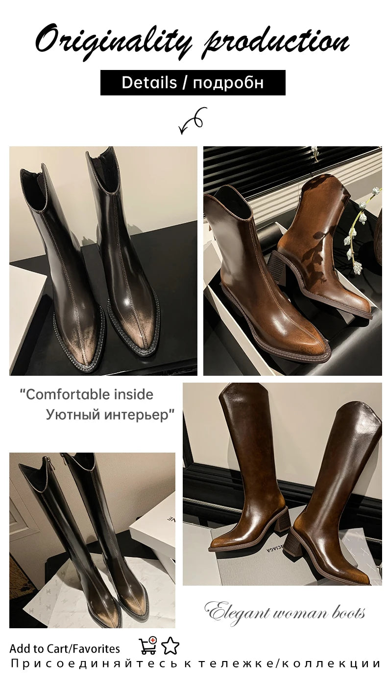 Ods New Women Genuine Leather Pointed Toe Knee High Boots Black White Brown Side Zipper Female Shoes Thick Heel Plus Size 42