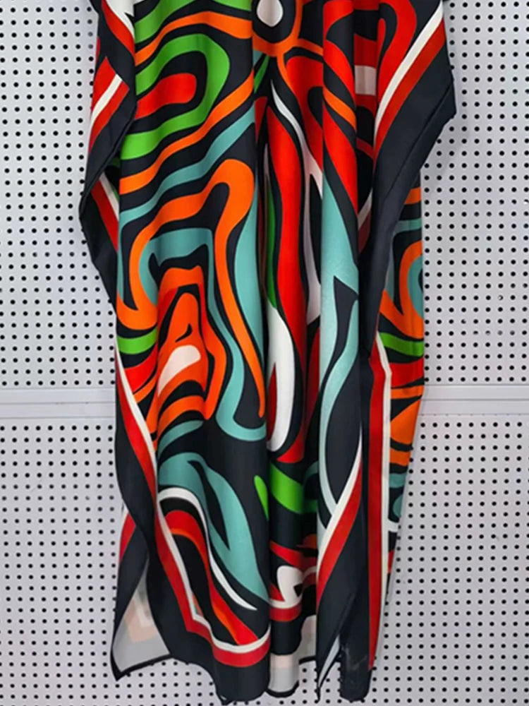 Retro geometric print lace up waist cinched round neck pullover dress 2026 summer women's wide and relaxed slit puffy skirt
