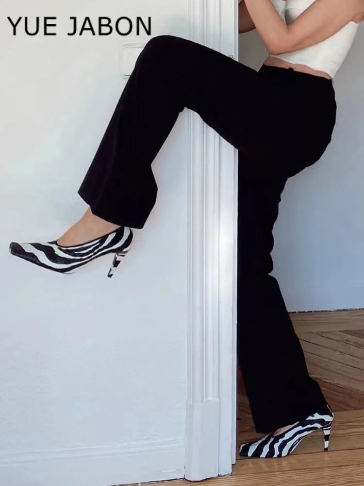 Black Square Head Early Spring New Lady Pumps Zebra-Print Soft Leather Pleated Elastic Witch High Heel Deep Mouth Granny Shoes