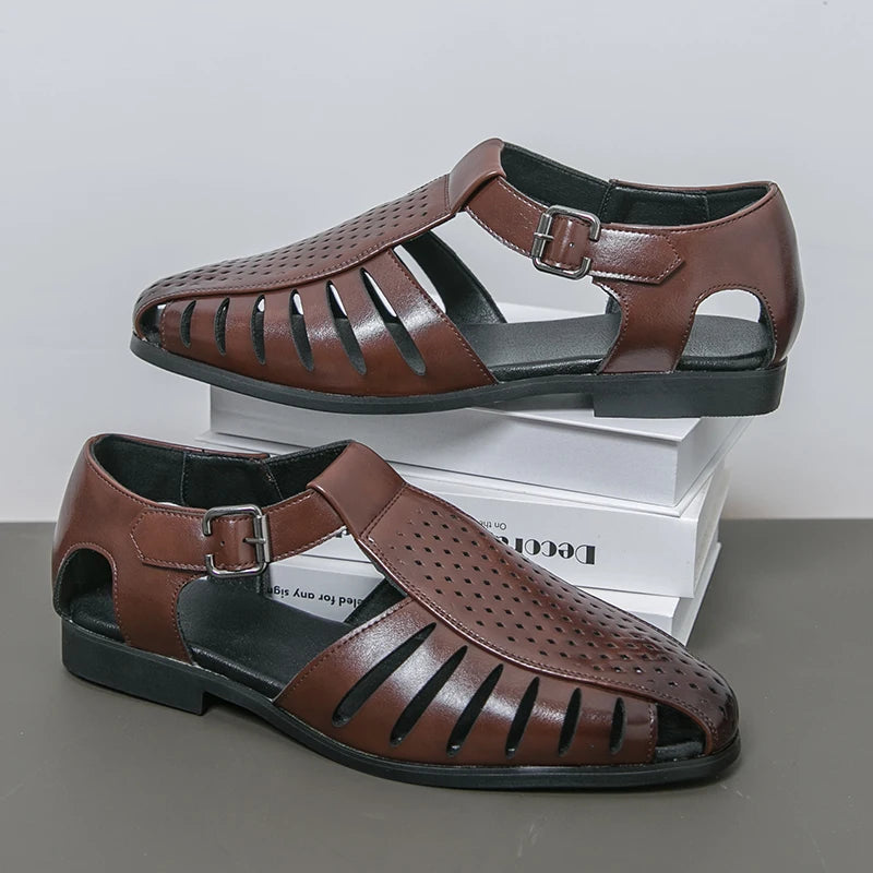 Brand's New Men's Summer Oversized Breathable Sandals Retro Pointed Men's Fashion Trend Hollowed Out Comfortable Leather Shoes