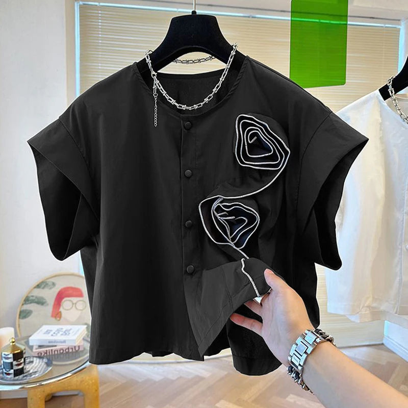 ZANZEA 2025 Summer Blouses Women Three-D Flowers Shirts Short Sleeve Blusas Chic Round Neck Shirts Casual Loose Colorblock Tops