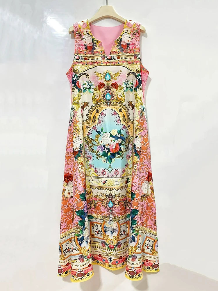 2026 Summer Women's Clothing Retro Geometric Print V-neck Pullover Sleeveless Dress Fashion Loose Large Size A-Line Tank Top
