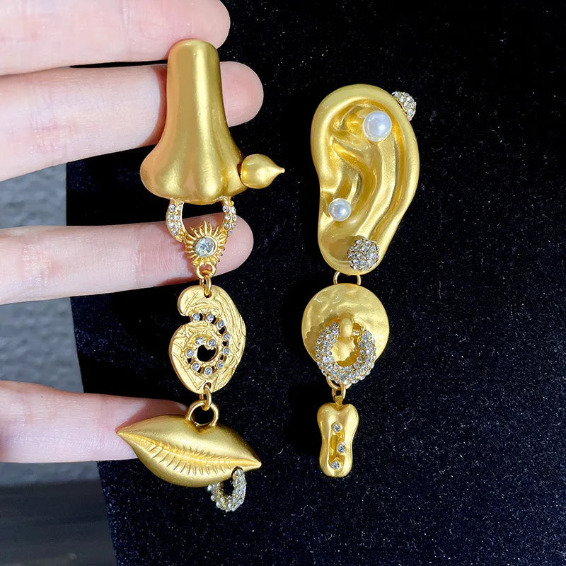 NISHIZAWA Asymmetrical Earrings for Women Human Face Gold Color Hyperbole Pendientes Mujer Medieval Fashion Retro Jewelry