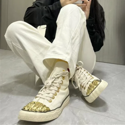 Men Women's High Top Canvas Sneakers Metallic Gold Toe Cap Lace-Up Casual Streetwear Shoes Comfortable Flat Platform Fashionable