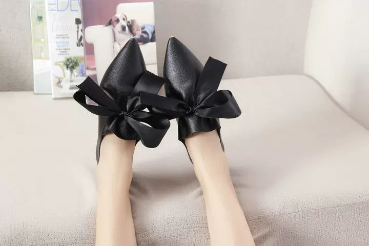 European Catwalk Shoes Woman Pleated Leather Flats 2025 Silk Bow-knot Ballerinas Ladies Espadrilles Barefoot Pointed Toe Loafers