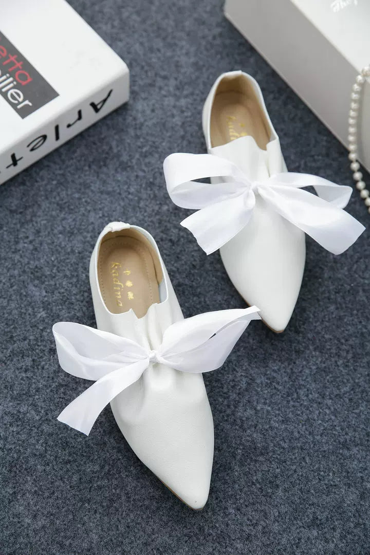 European Catwalk Shoes Woman Pleated Leather Flats 2025 Silk Bow-knot Ballerinas Ladies Espadrilles Barefoot Pointed Toe Loafers