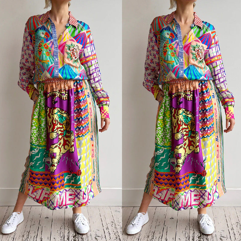 Casual Satin Graffiti Printed Long-sleeved Shirt Skirt Two-piece Set