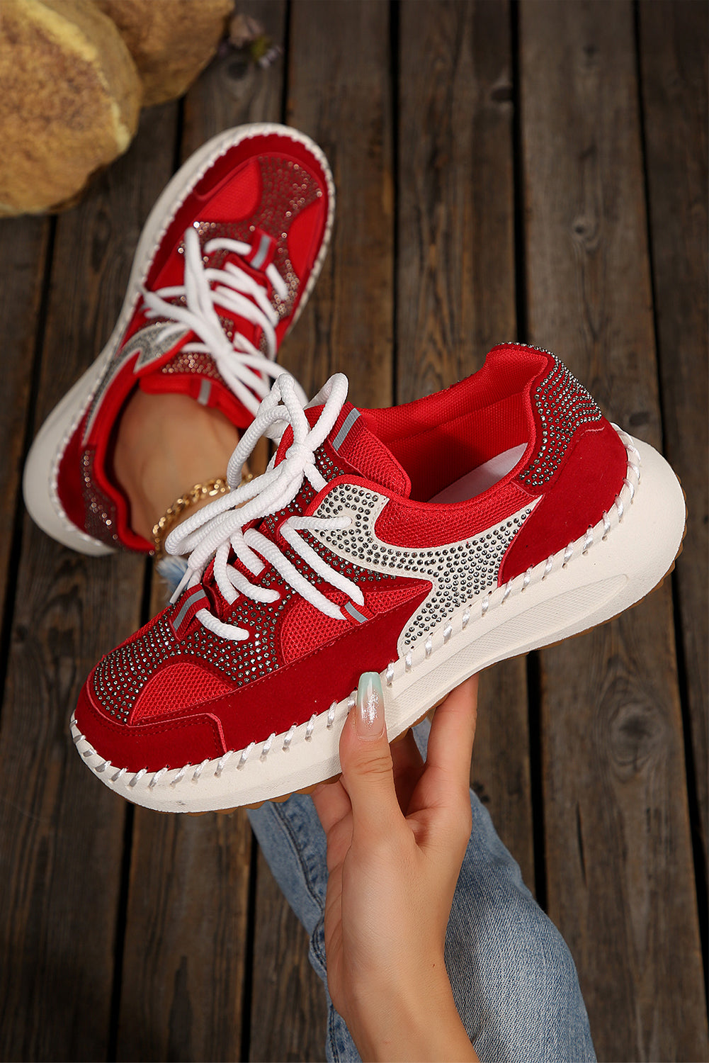 Fiery Red Rhinestone PU Leather Platform Casual Sneakers