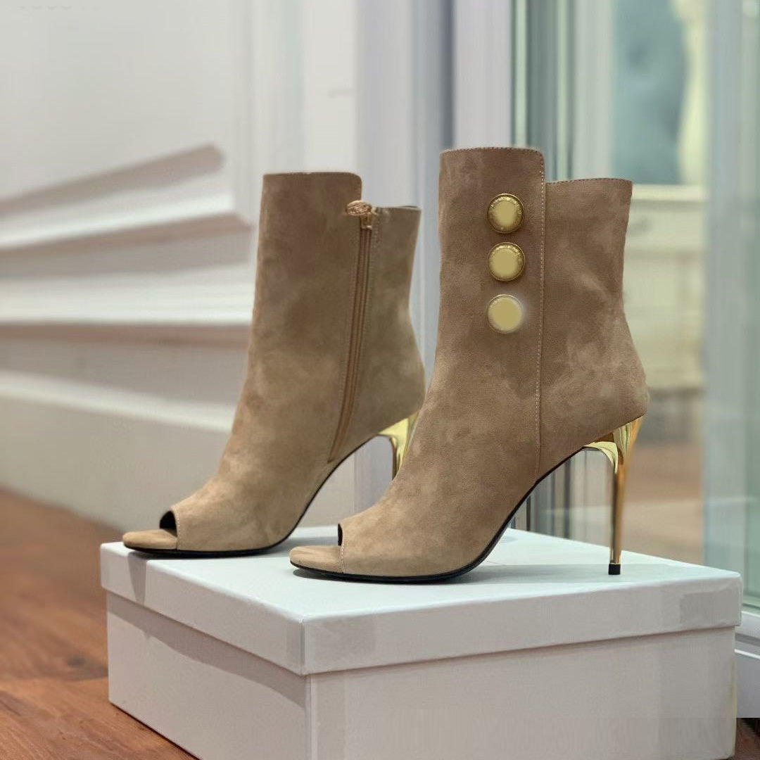 Leather Ankle Boots Super Stiletto Women's Shoes with Fish Mouth Metal Round Buckle