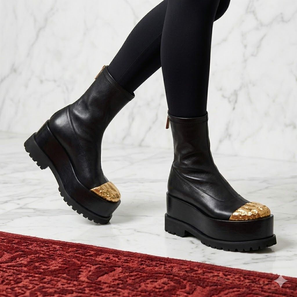 Surreal Gold Five Fingers Design Black Matte Leather Boots Back Zipper Women Shoes Thin High Heel Novel Fashion 2023 Zapatos Para Mujere