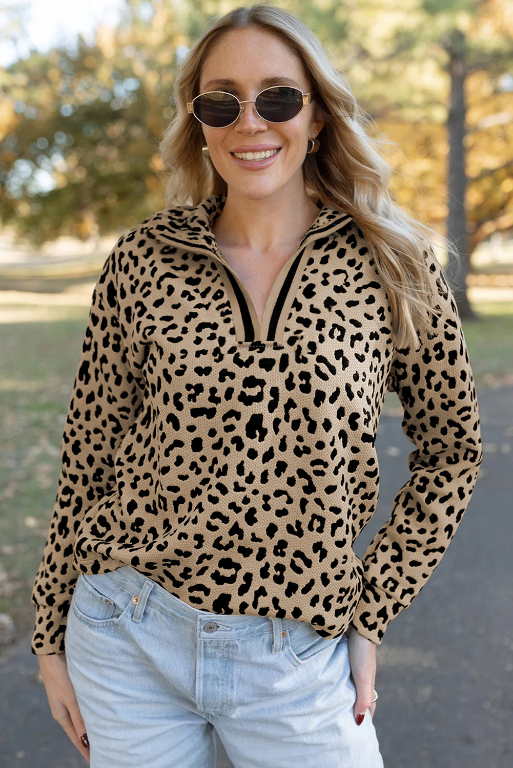 Parchment Allover Leopard Contrast Trim V Neck Top