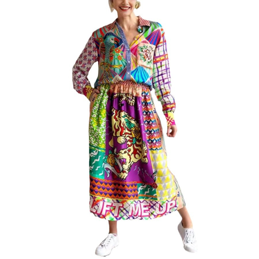 Casual Satin Graffiti Printed Long-sleeved Shirt Skirt Two-piece Set