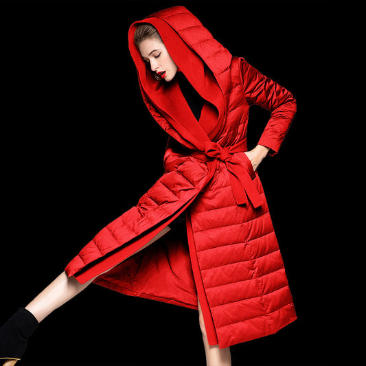 Avantgarde Women's Medium Long Lace Up Patchwork Hooded Down Jacket