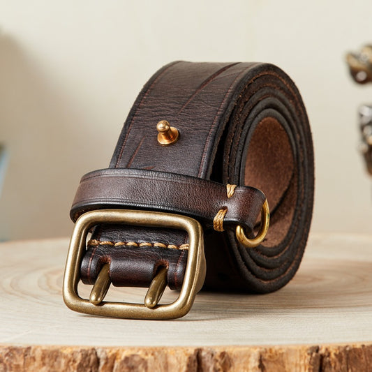 Double Needle Copper Buckle Men's Belt Retro Head Layer Pure Cowhide