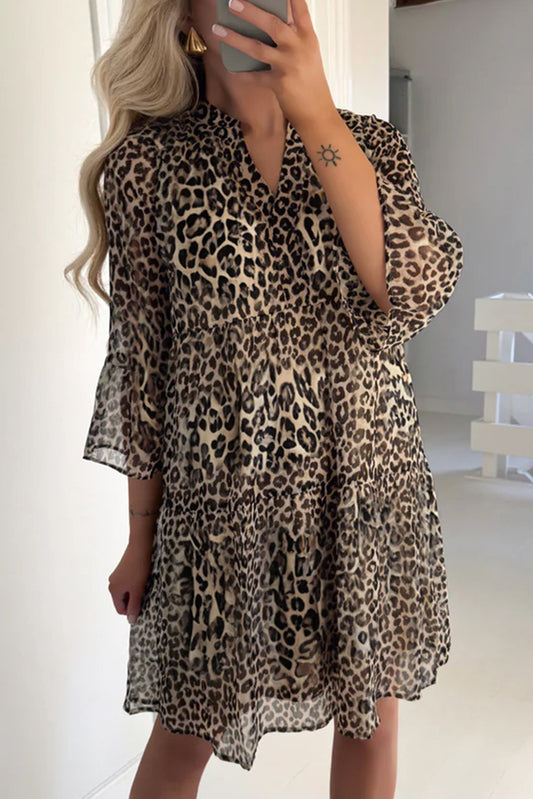 Khaki Leopard 3/4 Sleeve V Neck Swing Dress