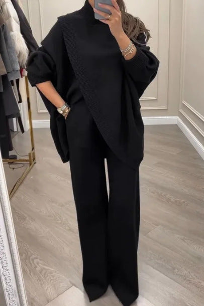 Turtle-neck Cape Single-breasted Slim-fit Knitwear Two-piece Set