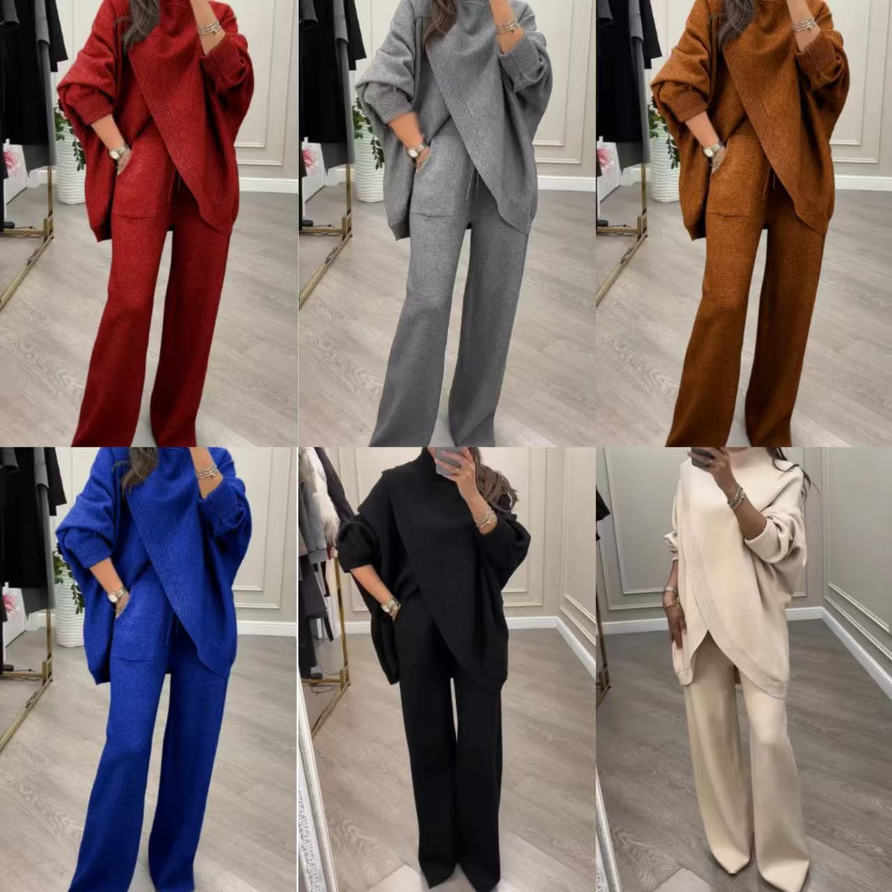 Turtle-neck Cape Single-breasted Slim-fit Knitwear Two-piece Set