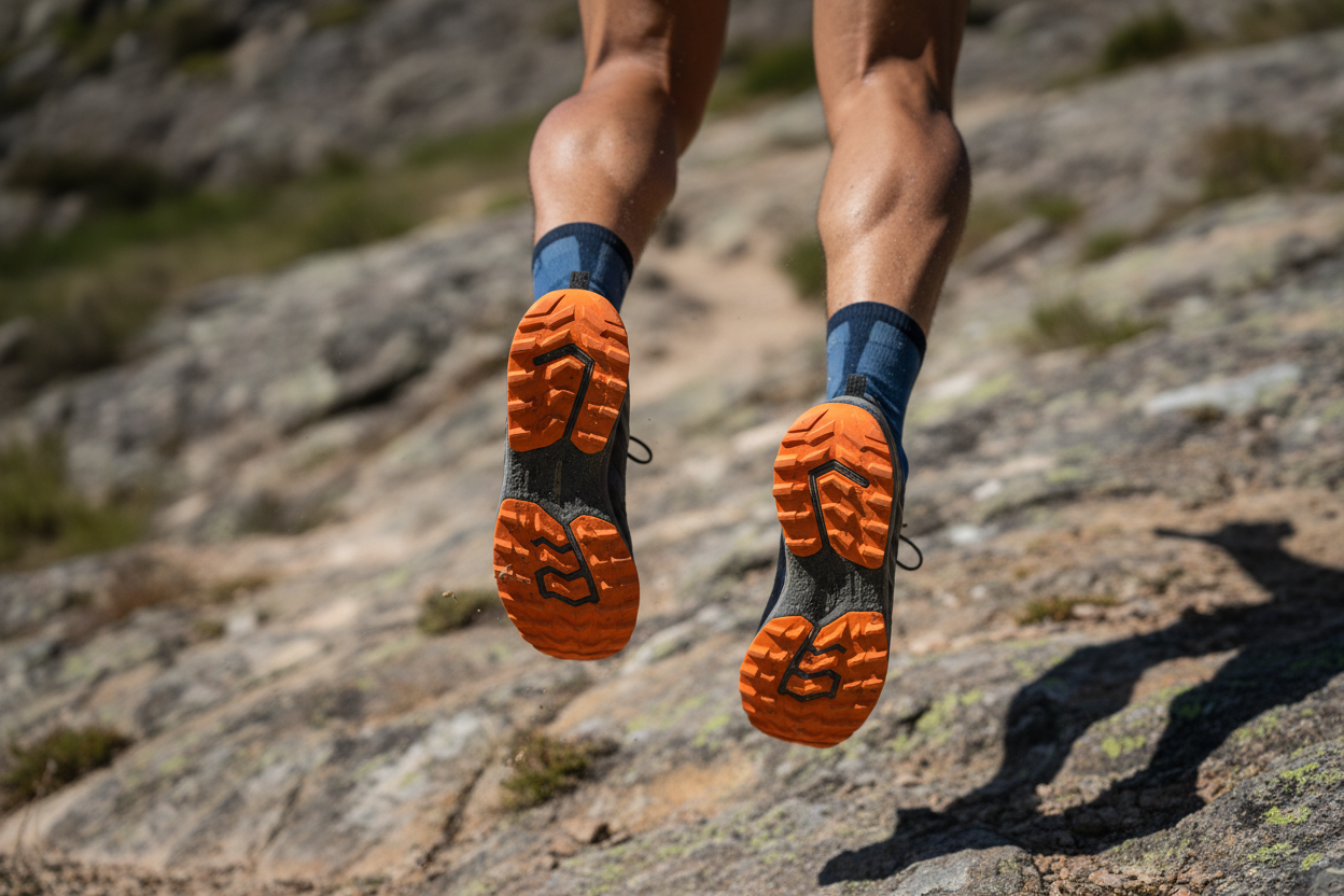 closeup of tanned legs of athlete men with this shoes with orange soles as the photos. The athlete is jumping into the rocks, Only closeup of the bootom of the legs to show the shoes as protagonist