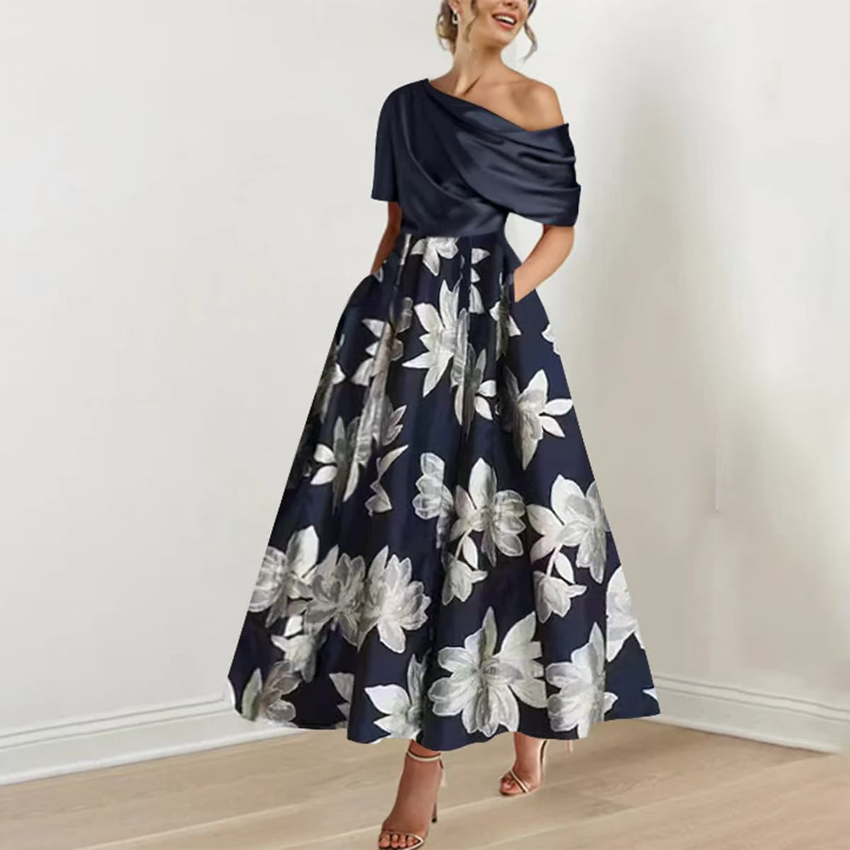 Elegant One-shoulder Printed Slim Fit Large Swing Dress