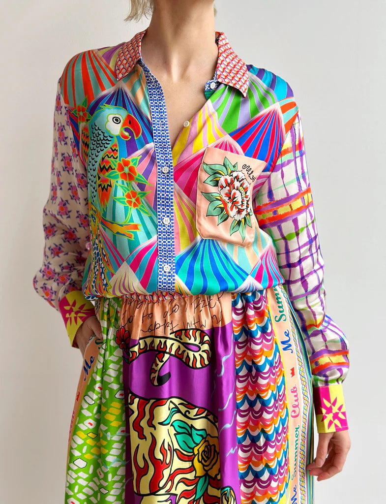 Casual Satin Graffiti Printed Long-sleeved Shirt Skirt Two-piece Set