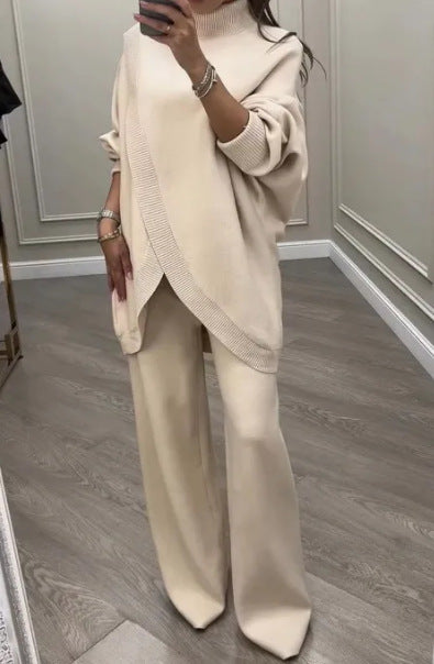 Turtle-neck Cape Single-breasted Slim-fit Knitwear Two-piece Set