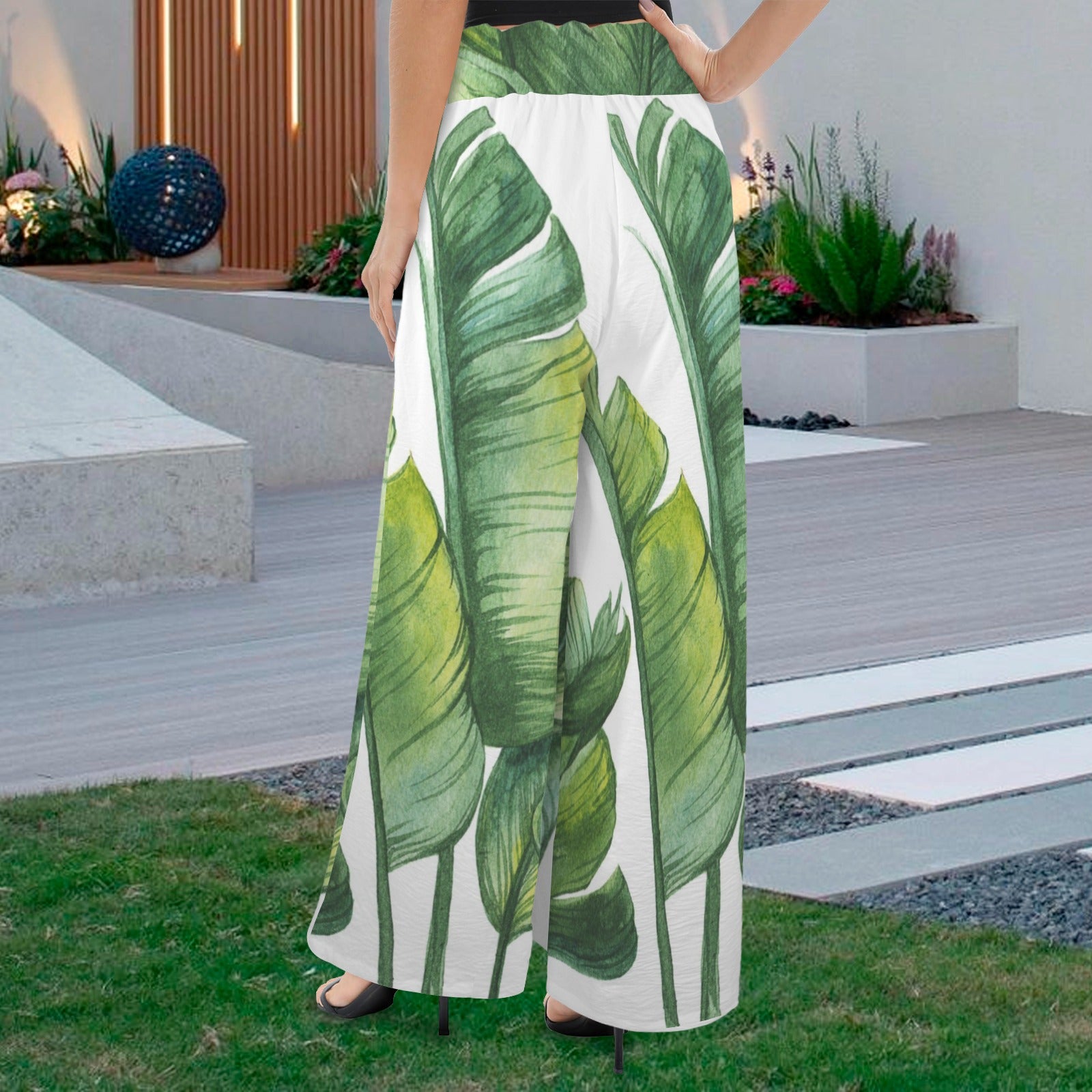 Elegant Elastic Waist Tether Pockets Wide Leg Women;s Pants