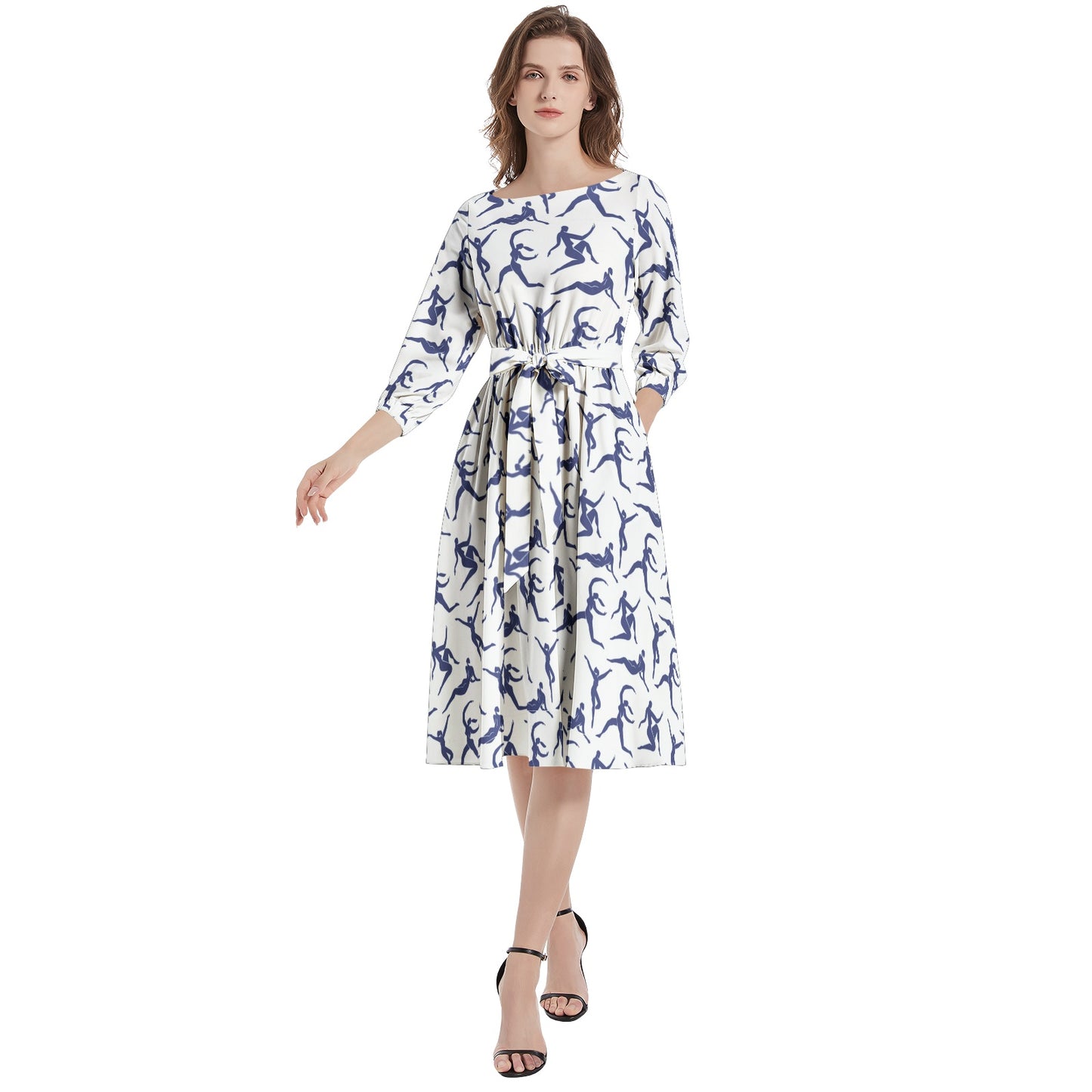 Solstice Matisse blue  dancers Boat Neck Belted Flared Dress