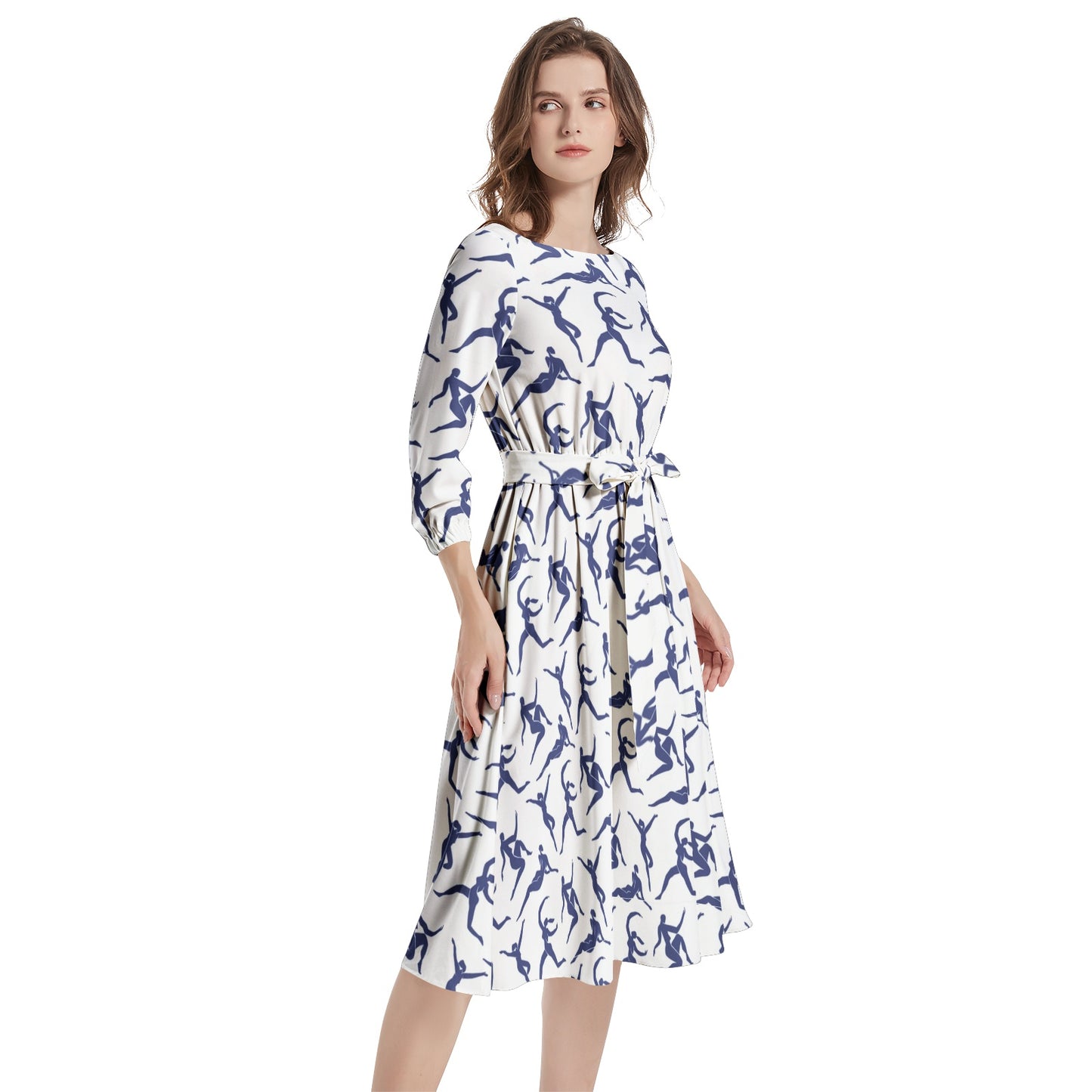 Solstice Matisse blue  dancers Boat Neck Belted Flared Dress