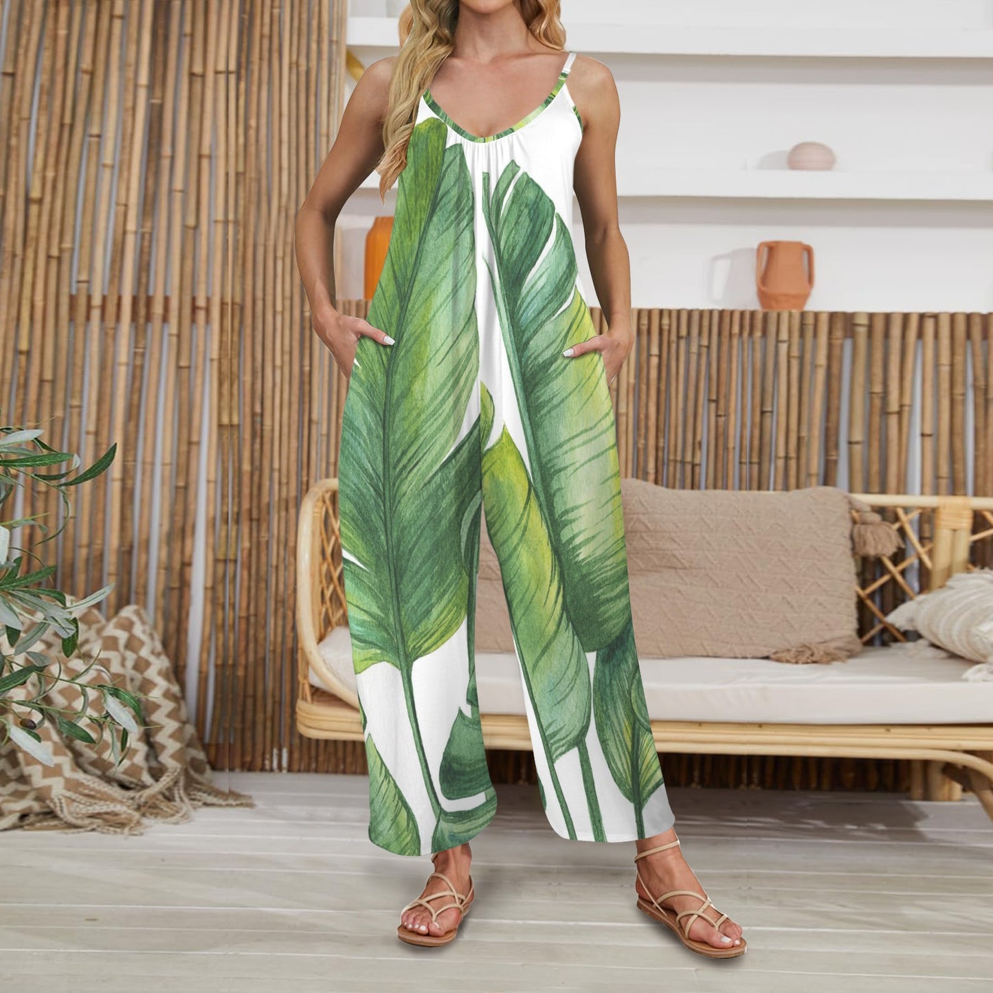 Trendy Wide-leg jumpsuit with pocket and pleated camisole for women, customized and individualized1572209281