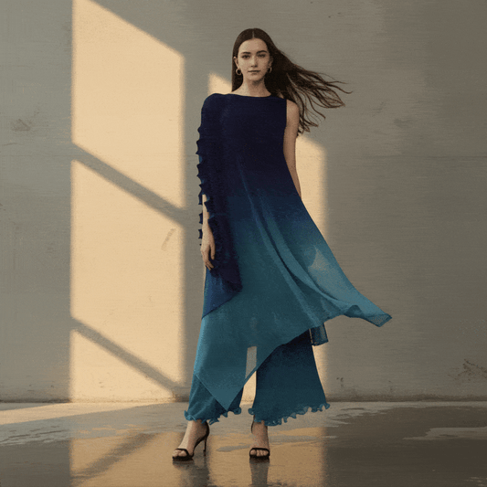 Miyake style  Pleated Bat Raglan Sleeve Irregular Dress Set Women 2025 New Fashion Original Designer Gradient Printing Two Piece Sets