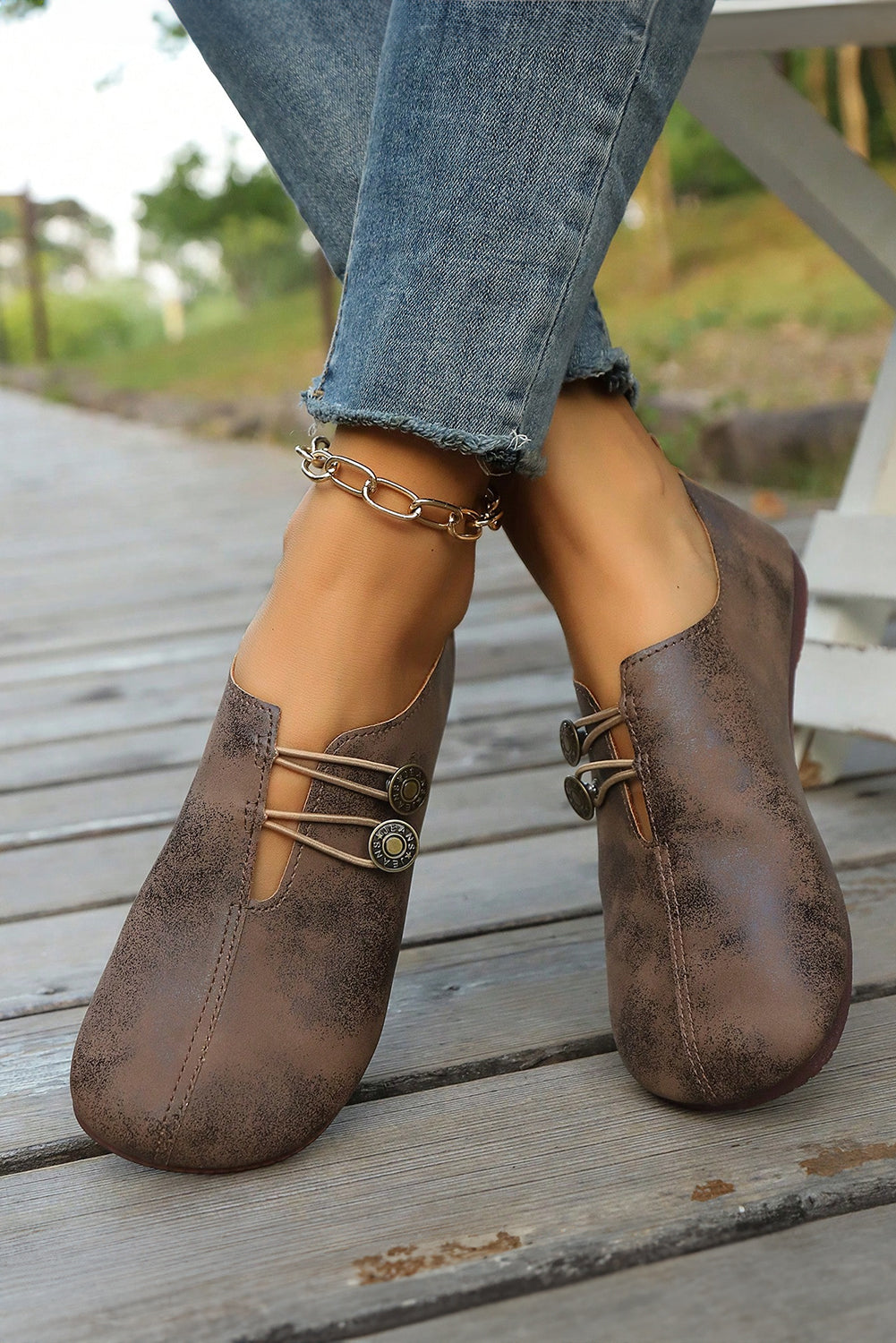 Cool Coffee Button Detail Vintage Faux Leather Loafer Shoes