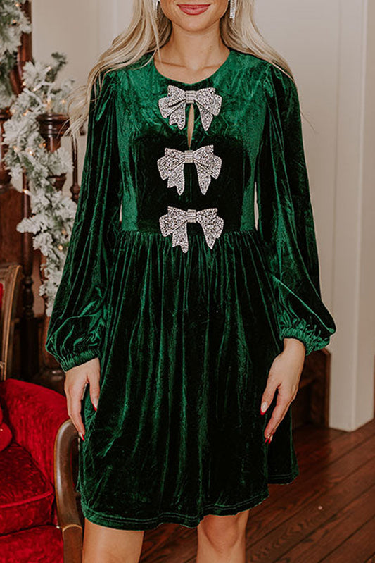 Solstice Evergreen Bowknot Decor High Waist Velvet Mini Dress