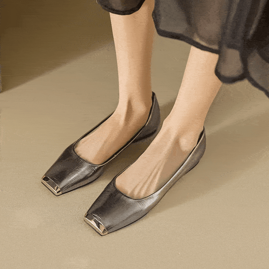 Fashion Genuine Leathe Pumps Women Metal Head Shallow Slip On Flats Office Ladies Low Heel Sheepskin Leather