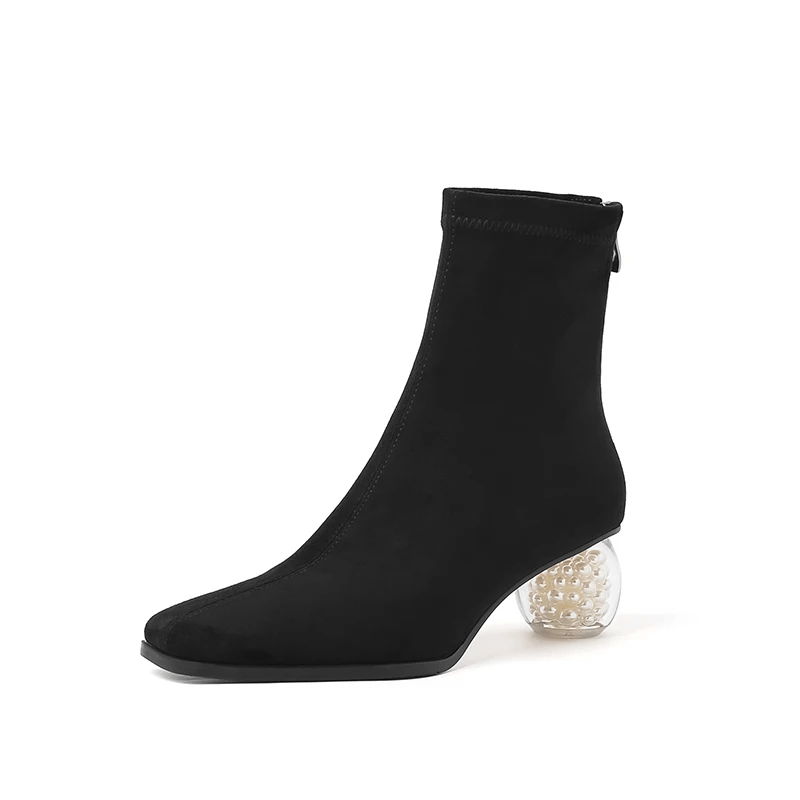 Stretchable Short Boots Women Square Toe Pearl Heels Young Ladies Fashion Ankle Boots Female Party Dating Shoes