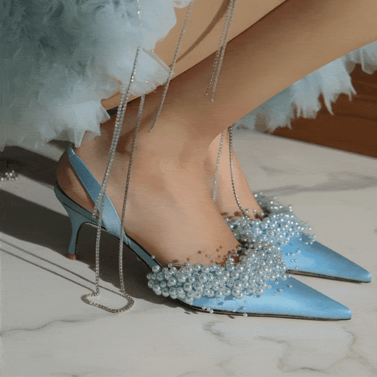 White Pearl Embellished Slingback Pumps Pointy Toe Satin Stiletto Heels Women's Pumps Bridal Wedding Slip On Party Shoes Elegant