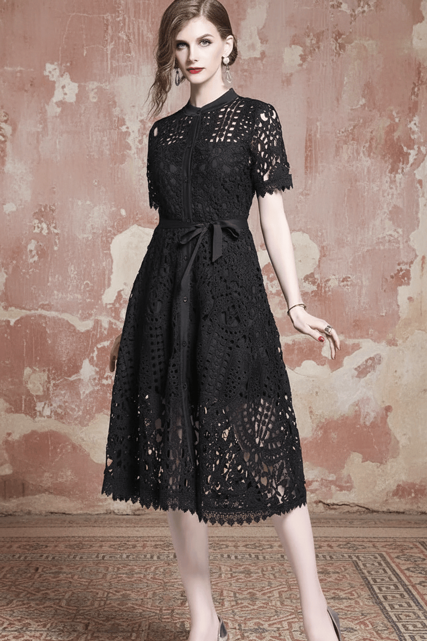 Summer Women Lace Sweet Sexy Dress Hollow Out Half High Collar Short Sleeve Single-breasted High Waist Slim Vintage Midi Dresses