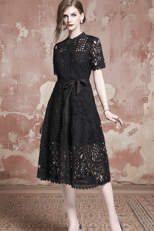 Summer Women Lace Sweet Sexy Dress Hollow Out Half High Collar Short Sleeve Single-breasted High Waist Slim Vintage Midi Dresses