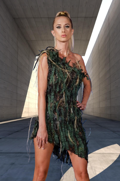 Cocktail dress, Tiny fabric leaves and gold fibers garden