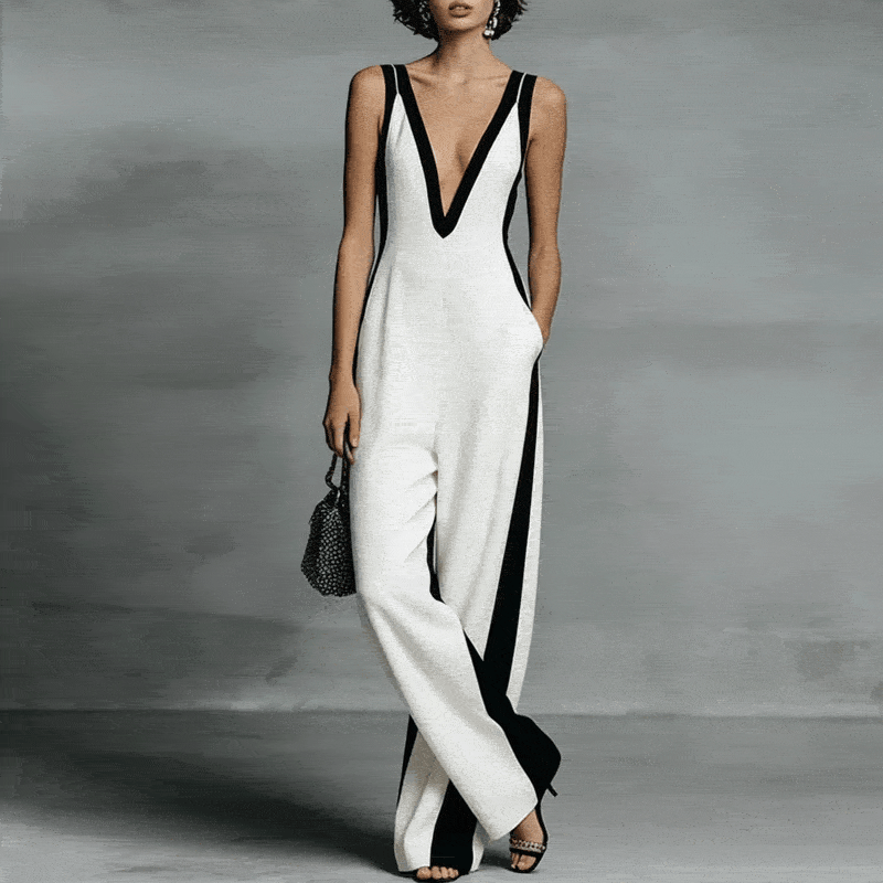 Women's Sexy Deep V Neck Wide Leg Pants Jumpsuit Spring Elegant Striped Print Patchwork Romper Summer Sleeveless Zipper Overalls