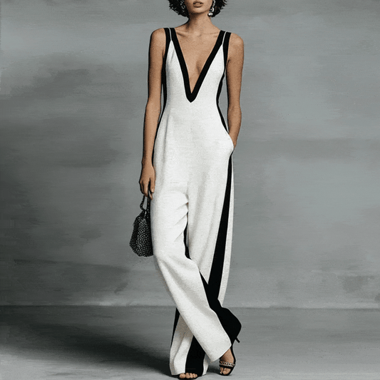 Women's Sexy Deep V Neck Wide Leg Pants Jumpsuit Spring Elegant Striped Print Patchwork Romper Summer Sleeveless Zipper Overalls
