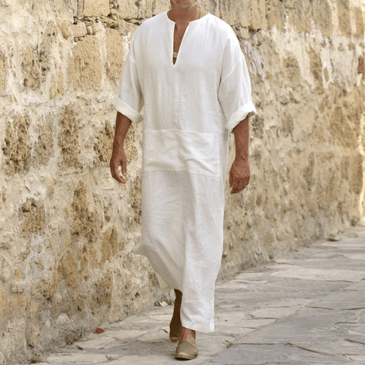 New 2026 Men Cotton Linen Long T-shirts Muslim Solid Casual Abayas Men Jubba Thobe Kaftan Arab Islamic V-neck Long Sleeve Robes