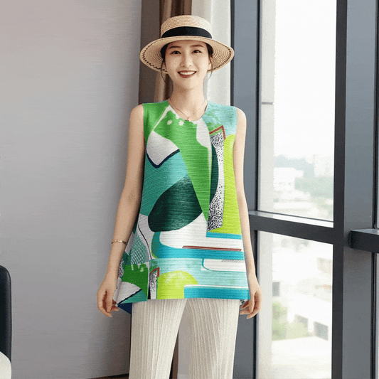 Woman Top Clothes Miyake Pleated Fashion Age-reducing Printed Vest top Large Size T-shirt Short Loose Design Shirt Summer