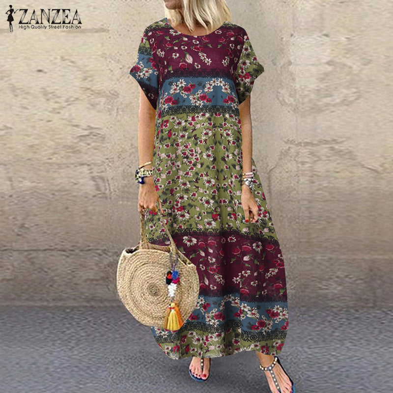 ZANZEA Summer Maxi Dress Women's Vintage Printed Sundress Casual Loose Short Sleeve Vestidos Vacation High Waist Robe Femme 2024