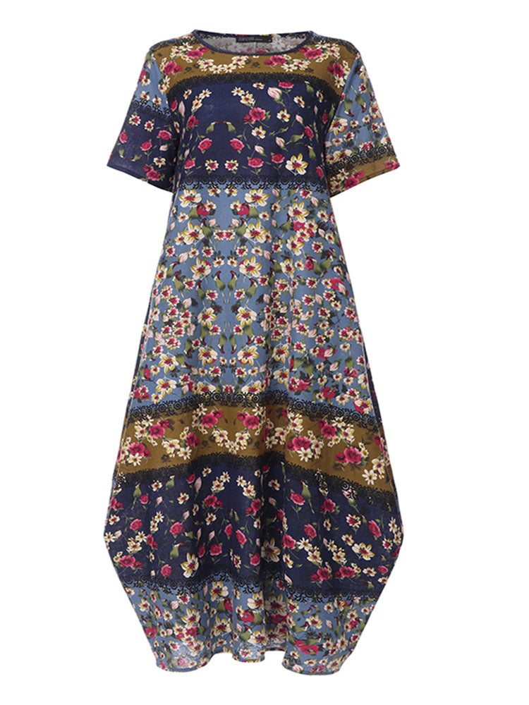 ZANZEA Summer Maxi Dress Women's Vintage Printed Sundress Casual Loose Short Sleeve Vestidos Vacation High Waist Robe Femme 2024