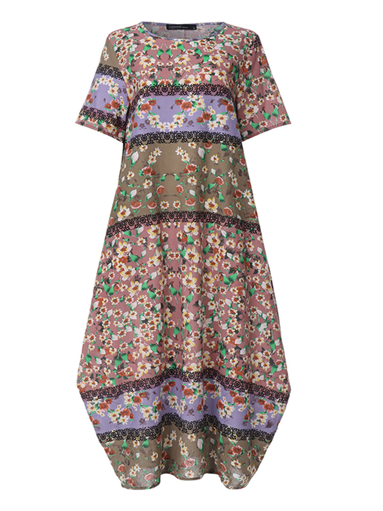 ZANZEA Summer Maxi Dress Women's Vintage Printed Sundress Casual Loose Short Sleeve Vestidos Vacation High Waist Robe Femme 2024