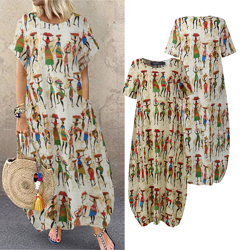 ZANZEA Summer Maxi Dress Women's Vintage Printed Sundress Casual Loose Short Sleeve Vestidos Vacation High Waist Robe Femme 2024